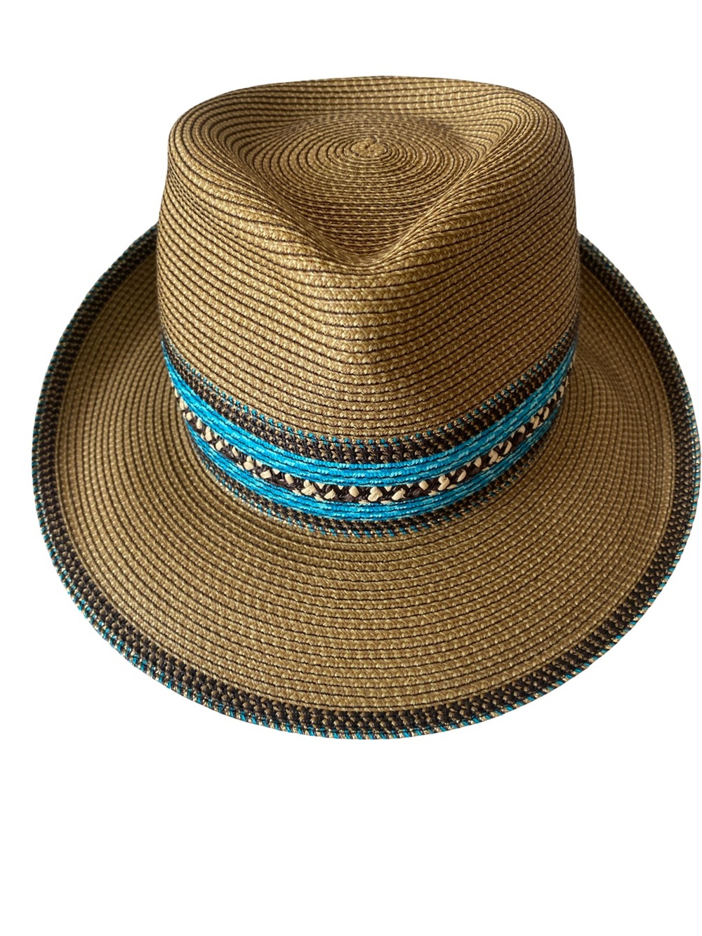 Eric Javits Mykonos Brown Straw Fedora with Turquoise Band-OSFM